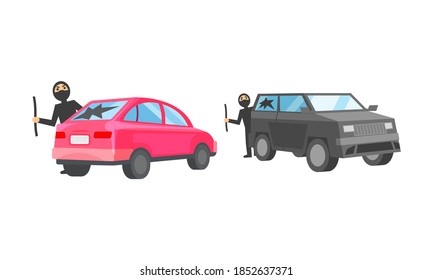 Masked Man Robber Breaking Car Window Vector Set