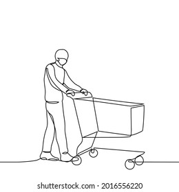 masked man rolls an empty grocery cart - one line drawing. shopping concept 