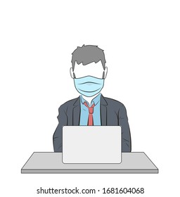 the masked man is sitting at the workplace. danger of infection. vector illustration.