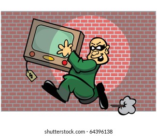masked man stealing television, vector