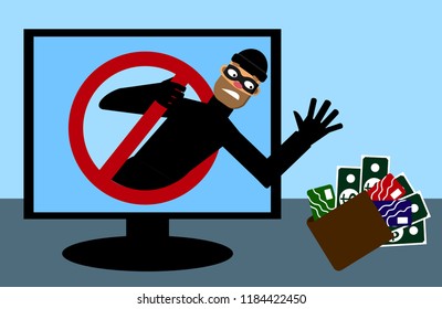 Masked man, theif want  take money and credit card. Internet security.  Vector illustration.