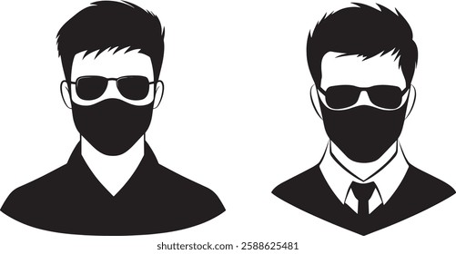 Masked Man Vector Illustration: Silhouette of Two Men Wearing Masks and Sunglasses