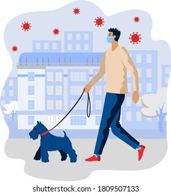 Masked man walking a dog. Pet owner taking puppy for walk, following infection protection measures and restrictions from virus. Animal owner walks with his pet during quarantine.