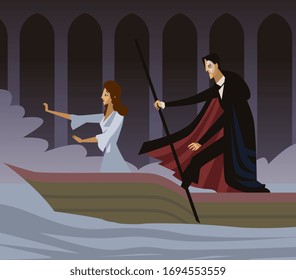 masked man with woman in a boat in opera act