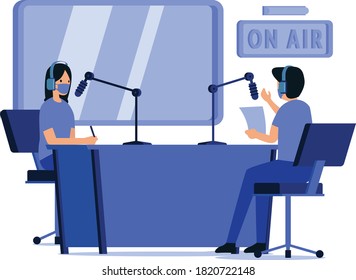 masked man and woman are doing radio broadcast together at the radio studio