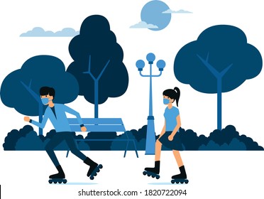 Masked man and woman are playing roller skare together at the park illustration