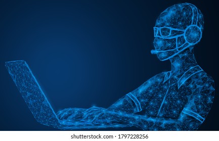 The masked man is working on a personal computer. Rules for employee safety when working in the company's office under quarantine. Polygonal design. Blue background.