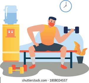 Masked man workout using dumbell for building his arm muscles