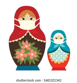 Ilustración vectorial de muñecas matryoshka enmascarada. Rusia cuarentena. Metáfora del concepto de epidemia de coronavirus. Personajes de las muñecas de Matryoshka dibujos de estilo plano. Icono de dibujo aislado