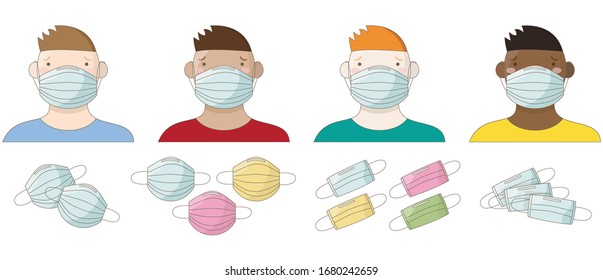 Hombres enmascarados de diferentes razas,
tipos de máscaras médicas