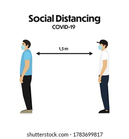 Masked men are standing in line keeping social distance. Concept of social distancing in flat design, isolated on white background. Vector illustration