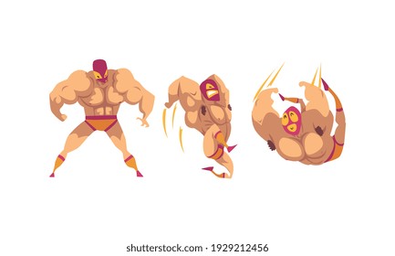 Masked Mexican Wrestlers in Various Poses Set, Battle Acrobat Fighters Cartoon Vector Illustration