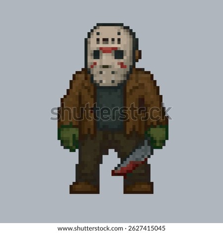 masked murderer man in pixel art style with isolated background