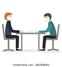 Masked negotiations. Two masked men sign documents at the table. Isolated vector image on white background. Pandemic safety concept.