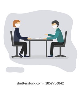 Masked negotiations. Two masked men sign documents at the table. Isolated vector image. Pandemic safety concept.