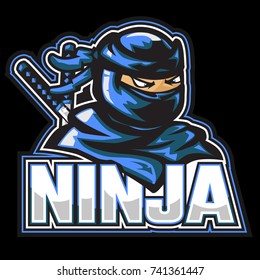 ninja enmascarado con dos espadas en la espalda dibujadas al estilo de mascota deportiva.