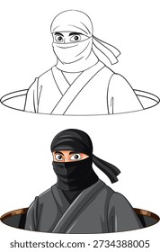 A masked ninja warrior pops out of a circular hole in colored and outline styles