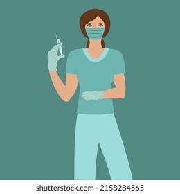 A masked nurse holds a syringe in her hand.