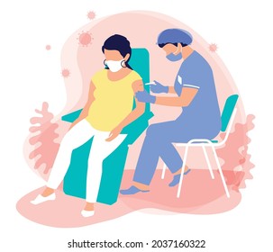 A masked nurse in a medical suit, gloves, mask gives an injection of a vaccination for immunization coronavirus to a pregnant woman. Protection the spread of covid 19. The use of vaccines for pregnant