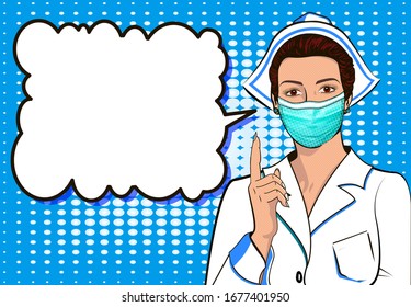 Masked nurse points to retro style pop art message illustration.