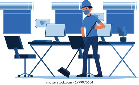 Masked office janitor is cleaning the office illustratioin