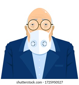 Masked Old Man. Covid-19 Protective Valved Mask. Vectoral Flat Style Illustration. White Background Isolated