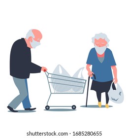 Masked old man and old woman in a supermarket, grocery shopping. Risk. Help.Coronavirus (covid 19), Quarantine, pandemic. Vector. Cartoon illustration.