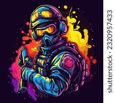 Masked Paintball player soldier at the ready with weapon in hand. Cartoon vector illustration.
