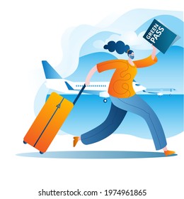 A masked passenger with a suitcase and a vaccination passport runs to the plane. Vector illustration on the theme of travel during the coronovirus pandemic.