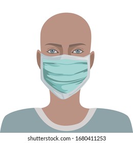 Masked patient without hair. Oncology. Viruses. Idea of healthcare, oncology illness and medicine treatment Vector illustration in cartoon style