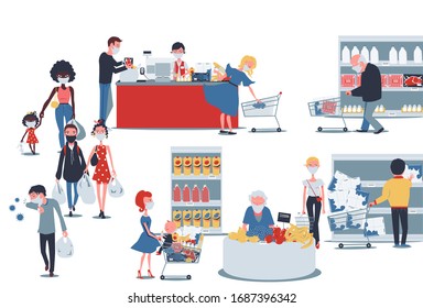 Masked people of all ages are forced to go to the supermarket. Panic shopping, coronavirus pandemic  (covid 19), quarantine.
Men, women, children, 
old people with grocery bags.
Vector, cartoon