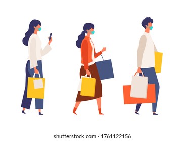 Masked people carrying shopping bags at autumn. Man and woman taking part in seasonal sale at store, shop, mall on new normal lifestyle. Flat cartoon colorful vector illustration.