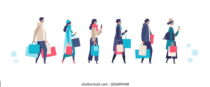 Masked People Carrying Shopping Bags At Winter. Man And Woman Taking Part In Seasonal Sale At Store, Shop, Mall On New Normal Lifestyle. Flat Cartoon Colorful Vector Illustration.