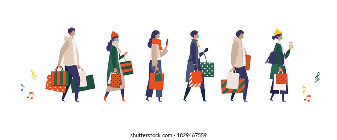 Masked people carrying shopping bags at Christmas. Man and woman taking part in seasonal sale at store, shop, mall on new normal lifestyle. Flat cartoon colorful vector illustration.