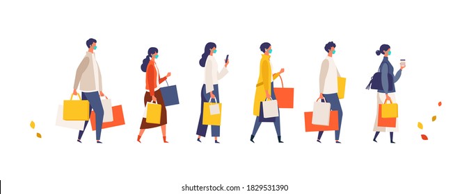 Masked people carrying shopping bags at autumn. Man and woman taking part in seasonal sale at store, shop, mall on new normal lifestyle. Flat cartoon colorful vector illustration.