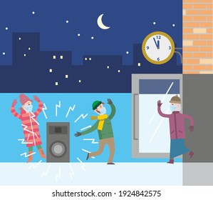 Masked people at a corporate party during the coronavirus. Positive men and women dance outdoors at night against the backdrop of the moon and the starry sky. Flat infographics. Vector illustration.