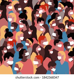 Multitud De Personas Enmascaradas. Concepto de coronavirus. Grupo De Personas De Estilo Plano. Epidemia y Aislamiento. Ilustración de material vectorial