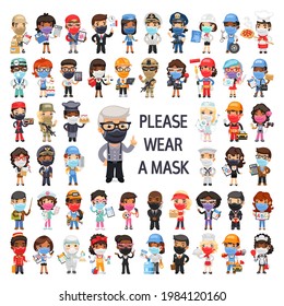 Masked people of different professions flat cartoon characters set. Group of workers isolated on white background.