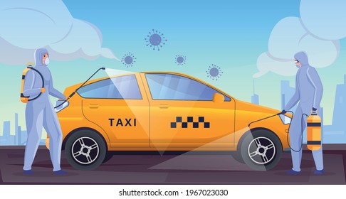 Masked people disinfecting the yellow taxi car flat vector illustration