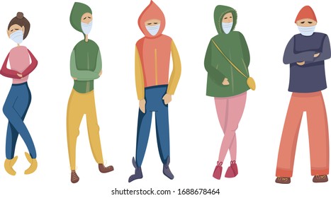 Masked people hand drawn flat illustration. People, who take care of themselves, on white background.