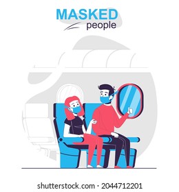Masked people isolated cartoon concept. Travelers wearing masks sitting in board plane, people scene in flat design. Vector illustration for blogging, website, mobile app, mobile site.