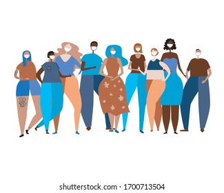Masked people are isolated on a white background as a multicultural society in the fight against coronovirus or pandemic. Flat vector stock illustration as a concept of infection protection