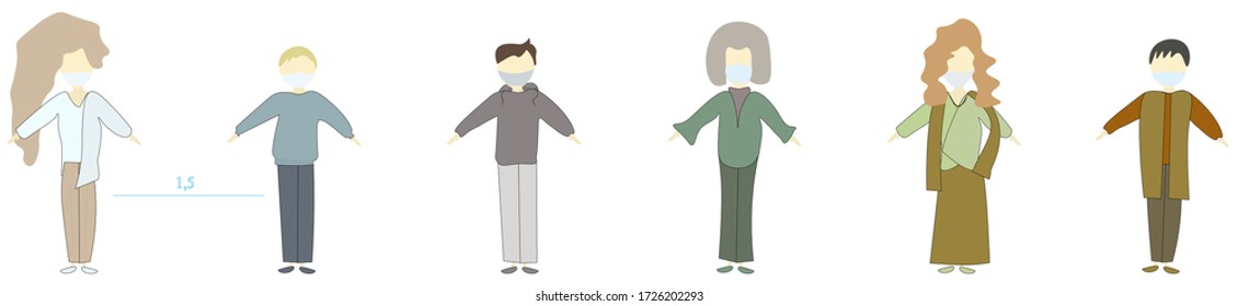 Masked people. maintaining distance in public places. men and women in respirators. life after quarantine. self-isolation. covid-19, coronovirus, epidemic. vector eps 10