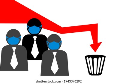masked people and red down arrow and trash bin, Illustration of falling business performance during a pandemic