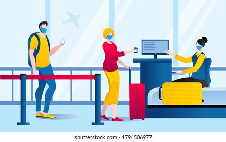 Masked people with suitcases stand in line to check in for a plane. Concept of a vector illustration on the topic of traveling by plane during coronovirus.