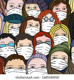 Masked people from the virus. A lot of people are standing nearby, the crowd. White background. Color vector illustration. Drawn by hand with a pen