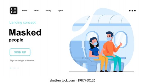 Masked people web concept. Man and woman wear masks on plane while flying. Coronavirus prevention. Template of people scene. Vector illustration with character activities in flat design for website