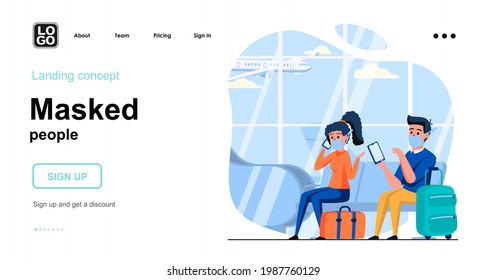 Masked people web concept. Man and woman in masks in airport waiting room. Coronavirus prevention. Template of people scene. Vector illustration with character activities in flat design for website