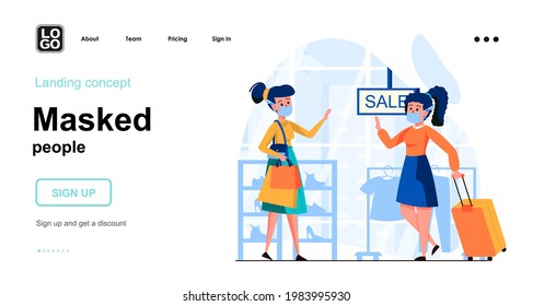 Masked people web concept. Women in mask shopping in store, social distance, coronavirus epidemic. Template of people scenes. Vector illustration with character activities in flat design for website