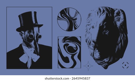 A masked plague figure faces off with a fragmented lion sculpture over swirling abstract textures in blue. Concept of event posters (art shows, techno clubs, modern theatre)